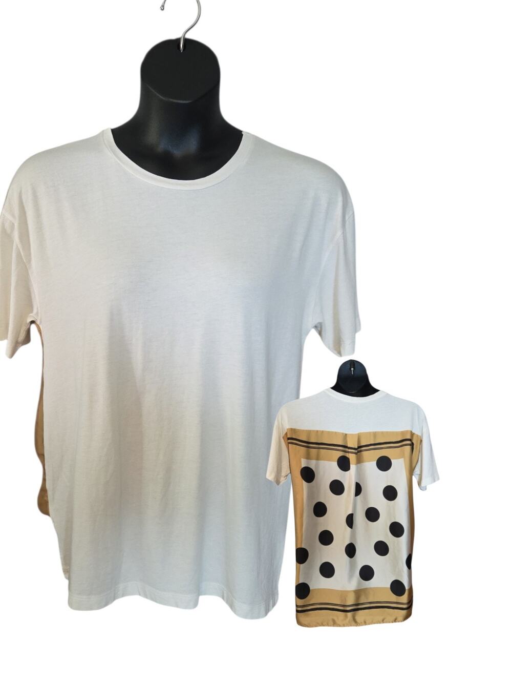ZARA Woman Basic Mixed Media Scarf Back T-Shirt White Polka Dot Medium